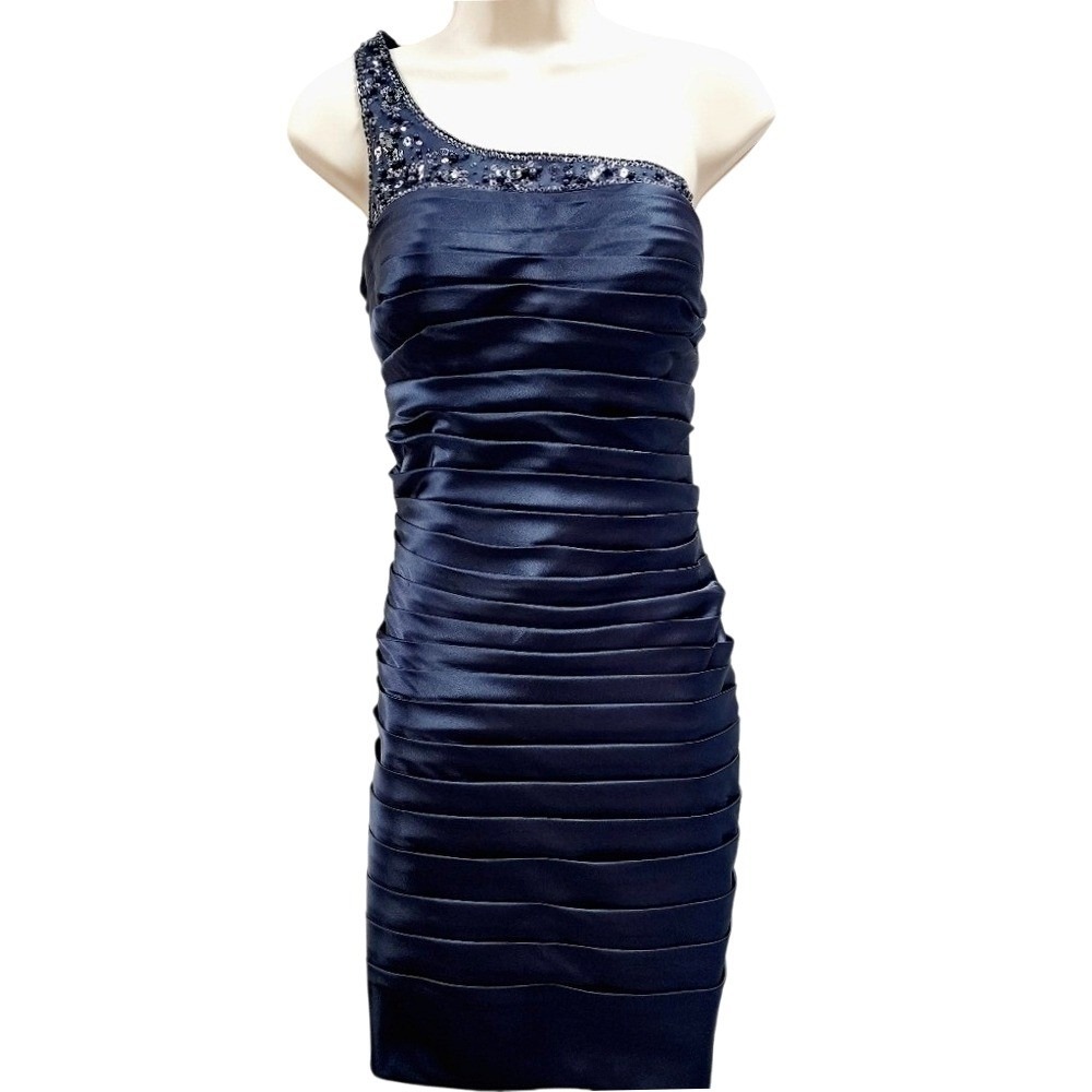 Adrianna Papell Navy Blue Satin One Shoulder Beaded Ruffle Cocktail Dress 10P
